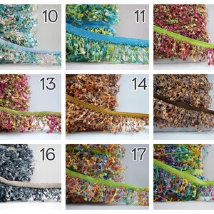 May include: Assortment of 9 colorful fringe trims with different colors and textures. The trims are arranged in a grid pattern with numbers 10 through 18 labeling each trim.