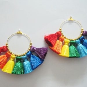 1 pair Rainbow Tassel Earrings, Earring Hoops, tassel earrings, boho, pompons earrings, jewelry supplies, rainbow earring, rainbow tassel