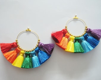 1 pair Rainbow Tassel Earrings, Earring Hoops, tassel earrings, boho, pompons earrings, jewelry supplies, rainbow earring, rainbow tassel