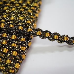 Trenza clásica dorada sedosa insertada en negro y dorado metálico de 5 yardas, Ribete trenzado, Encaje de cinta insertado, Encaje dorado metálico, Negro dorado metálico