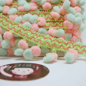 5 Yards Peach-Mint Mini Pom Pom Lime Green Trim, pom pom franje, mint pom pom trim, Veelkleurige pom pom, mint pom pom trim, perzik roze pom