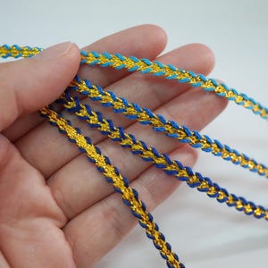 5 jardas de trança metálica azul-dourada, trança plana, trança metálica, acabamento trançado, fita metálica, renda metálica dourada, fita azul, metálica dourada