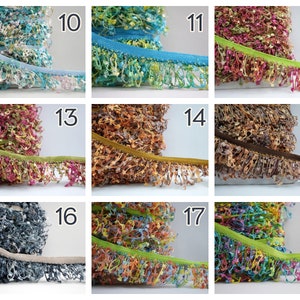 Puede incluir: Surtido de 9 flecos de flecos coloridos con diferentes colores y texturas. Los flecos est&aacute;n dispuestos en un patr&oacute;n de cuadr&iacute;cula con los n&uacute;meros 10 a 18 que etiquetan cada fleco.