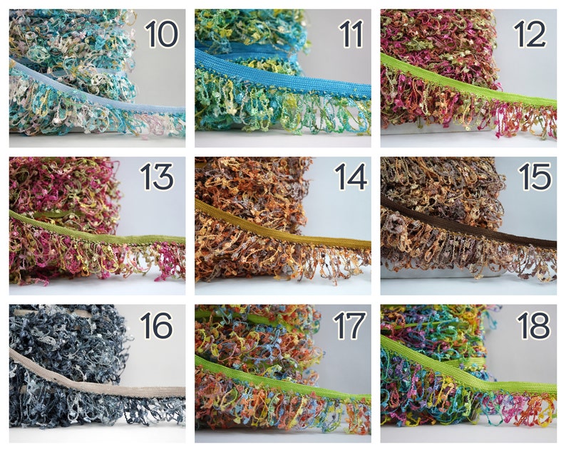 Puede incluir: Surtido de 9 flecos de flecos coloridos con diferentes colores y texturas. Los flecos est&aacute;n dispuestos en un patr&oacute;n de cuadr&iacute;cula con los n&uacute;meros 10 a 18 que etiquetan cada fleco.