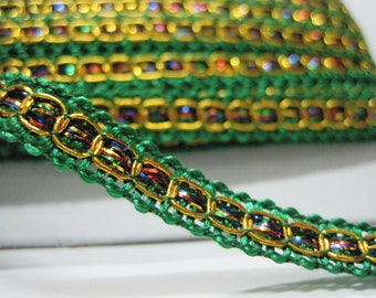 5 Yards 5/16" Pine Green-Gold Braid trim, Gimp Braid, Braided Gimp Trim, Scroll Braid, Gold metallic trim, green gimp braid, green braided