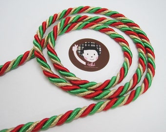 5 Yd 7 mm. Christmas Cord, Christmas trim, Christmas decor, Gold metallic ribbon, red ribbon, green ribbon, gold ribbon, twisted cord, red