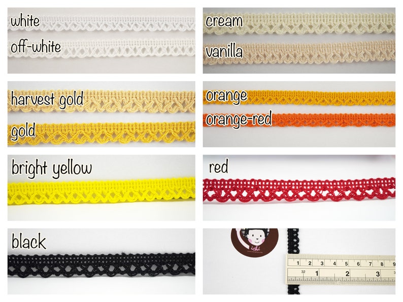 May include: A variety of colors of crochet trim, including white, off-white, harvest gold, gold, bright yellow, cream, vanilla, orange, orange-red, red, and black. The trim is approximately 1 inch wide and has a delicate, intricate design.