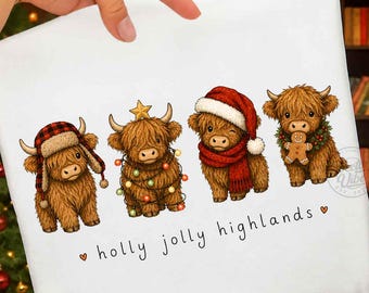 Highland Cow Christmas PNG, Cute Christmas Cow Sublimation, Farmhouse Holiday Design, Santa Hat Lights Gingerbread Digital Download