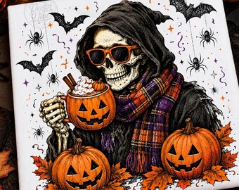 Spooky Skeleton Coffee PNG, Halloween Latte Shirt Design, Fall Pumpkin Spice Graphic, Autumn Sublimation Digital Download