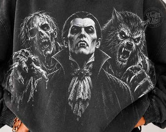 Classic Horror Monster Trio PNG, Vampire Werewolf Zombie Design, Vintage Halloween Grunge Halftone Sublimation Graphic Download