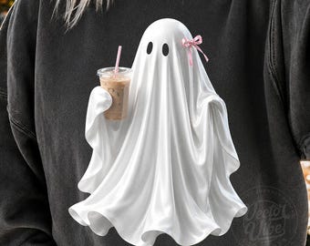 Cute Ghost Coffee PNG, Coquette Ghost PNG, Pink Bow Ghost Design, Spooky Season Sublimation, Halloween Shirt PNG, Fall Coffee Lover Png