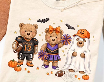 Halloween Teddy Bear PNG, Football Cheerleader Ghost Bears Sublimation Design, Cute Spooky Season Fall Sports Digital Download