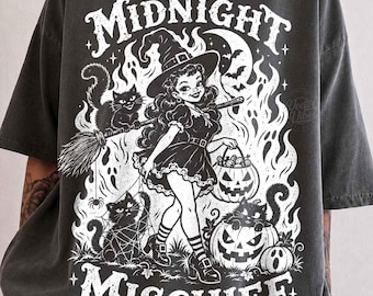Midnight Mischief Halloween PNG, Retro Witch Girl Sublimation, Black Cat Pumpkin Design, Vintage Spooky Season Digital Download