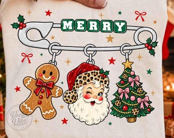 Merry Christmas Safety Pin PNG, Retro Santa Gingerbread Tree Design, Leopard Preppy Holiday Sublimation, Christmas Charm Graphic