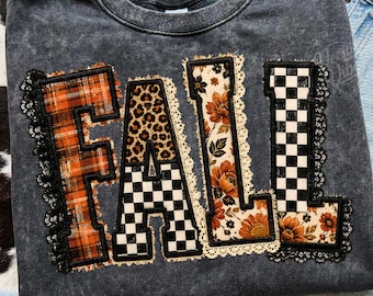 Fall Patchwork PNG, Autumn Applique Sublimation Design, Faux Embroidery Plaid Leopard Checker Shirt Graphic, Thanksgiving PNG