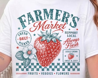 Farmers Market PNG, Retro Strawberry Shirt Design, Vintage Fruit Sublimation, Cottagecore Summer Garden PNG Download