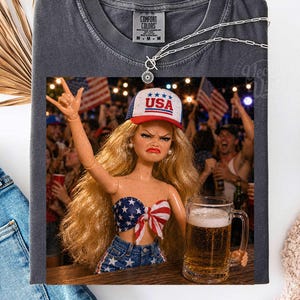 Funny Drunk USA Doll PNG, Patriotic Beer Girl Sublimation, 4th of July Party Shirt Design, American Meme Instant Download
