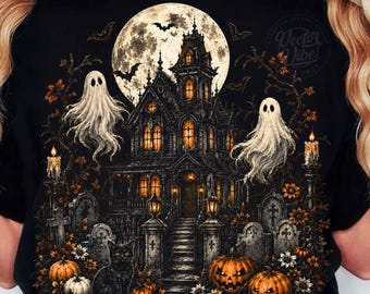 Casa infestata PNG, villa infestata di Halloween con fantasma spettrale, zucca e gatto nero, design gotico per maglietta a sublimazione da scaricare