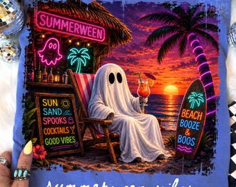 Summerween Vibes PNG, Cute Ghost Pool Float Sublimation, Halloween Summer Pumpkin Beach Shirt Design, Spooky Digital Download