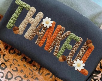 Leopard Thankful Coquette Faux Yarn Crochet PNG, Preppy Fall Pumpkin Thanksgiving PNG, Retro Give Thanks Autumn Clipart, Thankful Clipart