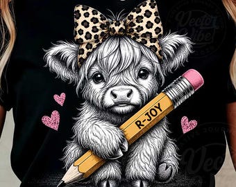 Highland Cow Teacher PNG for Sublimation, Cute Back to School Cow Clipart, Trendy Classroom A Plus Animal Design, Digital Download Artwork