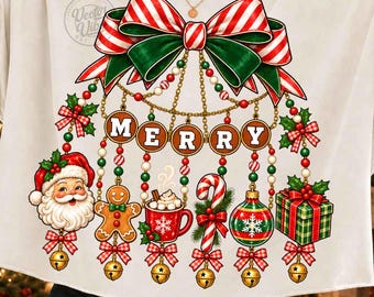 Merry Christmas Bow PNG, Retro Holiday Charms PNG, Santa Gingerbread Candy Cane Sublimation, Coquette Christmas Digital Download