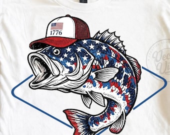 Immagine PNG di pesca al persico, design patriottico mimetico USA, maglietta PNG di caccia alle anatre per il 4 luglio, clipart grafica per sublimazione digitale rosso bianco blu
