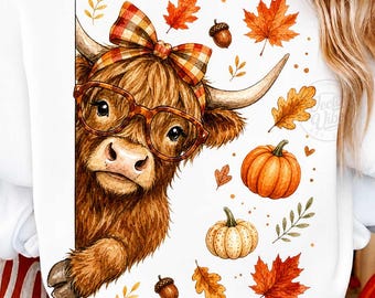 Fall Highland Cow PNG, Coquette Bow Cow with Glasses, Autumn Pumpkin Sublimation, Cute Western Digital Download