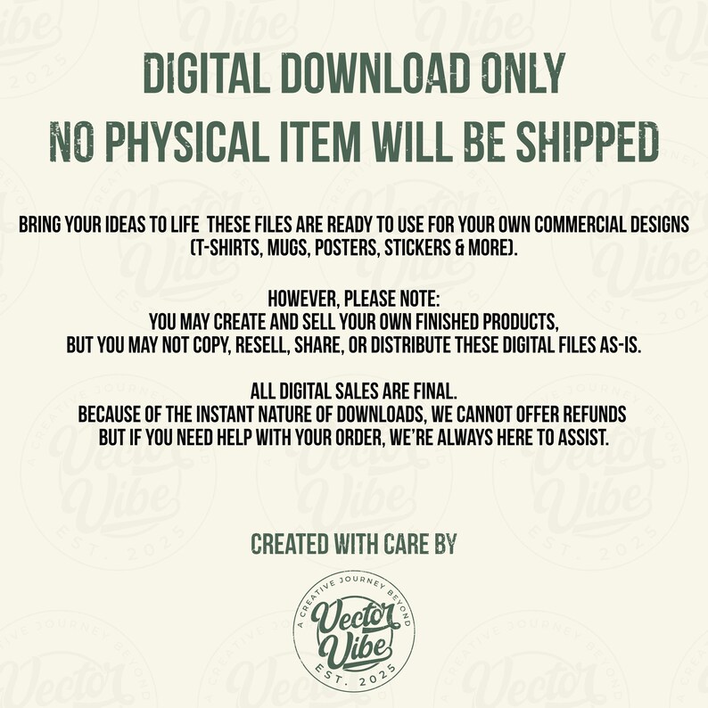 Puede incluir: Un gr&aacute;fico informativo de descarga digital con texto verde oscuro sobre un fondo claro. Indica: DIGITAL DOWNLOAD ONLY, NO PHYSICAL ITEM WILL BE SHIPPED. BRING YOUR IDEAS TO LIFE. THESE FILES ARE READY TO USE FOR YOUR OWN COMMERCIAL DESIGNS.