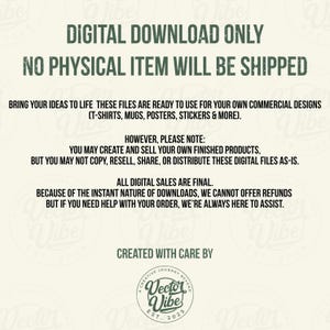 Puede incluir: Gr&aacute;fico de descarga digital color crema con texto verde oscuro. El texto dice: "SOLO DESCARGA DIGITAL, NO SE ENVIAR&Aacute; NING&Uacute;N ART&Iacute;CULO F&Iacute;SICO." Texto adicional detalla los derechos de uso para dise&ntilde;os comerciales. Un logotipo circular con "Vector Vibe" est&aacute; en la parte inferior.