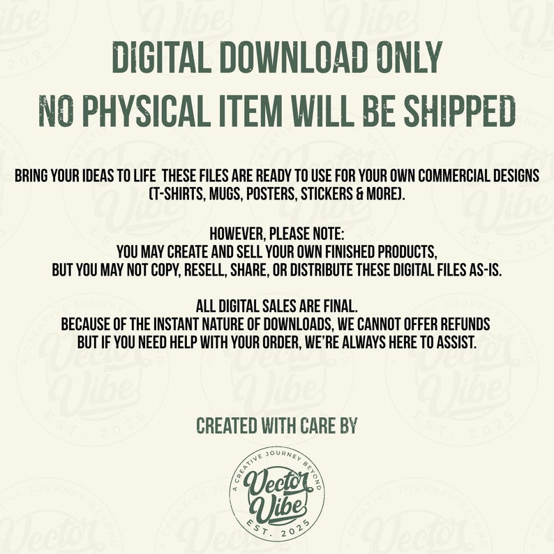 Puede incluir: Gr&aacute;fico de descarga digital color crema con texto verde oscuro. El texto dice: "SOLO DESCARGA DIGITAL, NO SE ENVIAR&Aacute; NING&Uacute;N ART&Iacute;CULO F&Iacute;SICO." Texto adicional detalla los derechos de uso para dise&ntilde;os comerciales. Un logotipo circular con "Vector Vibe" est&aacute; en la parte inferior.