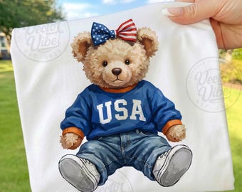 Oso de peluche patriótico PNG, diseño Preppy Coquette USA para el 4 de julio, descarga de sublimación para camiseta americana roja, blanca y azul