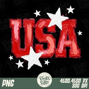 May include: A digital graphic featuring the letters USA in a bold, red, textured paint-stroke style. The design is accented with several white, five-pointed stars of varying sizes arranged around the letters against a dark background.