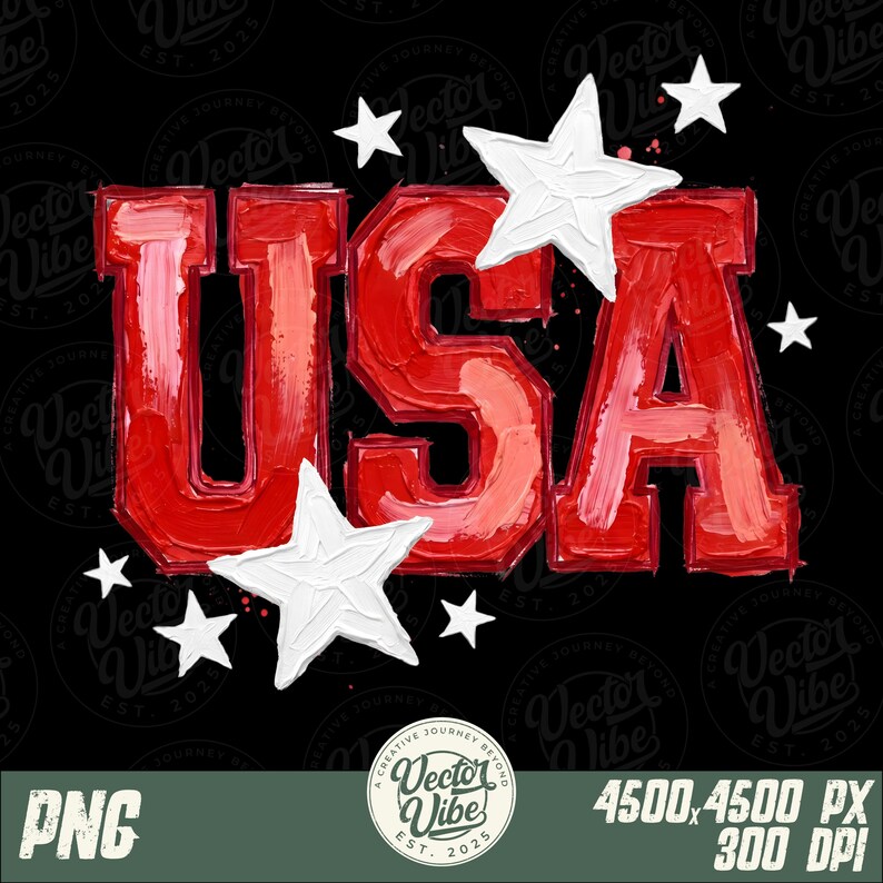 May include: A digital graphic featuring the letters USA in a bold, red, textured paint-stroke style. The design is accented with several white, five-pointed stars of varying sizes arranged around the letters against a dark background.