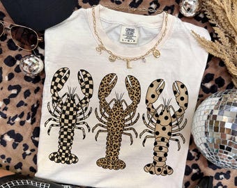 Preppy Lobster Trio PNG, Coastal Summer Beach PNG, Leopard Print Sea Life Design, Black Polka Dot Cute Lobster PNG for Shirts