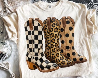 Stivali da cowboy con pennellate PNG, design western da cowgirl a scacchi e leopardato a pois, grafica retrò da rodeo per sublimazione