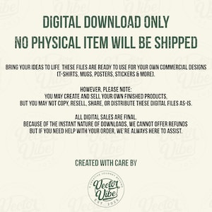 Puede incluir: Un gr&aacute;fico informativo de descarga digital con texto verde oscuro sobre un fondo crema claro. El texto indica: DIGITAL DOWNLOAD ONLY, NO PHYSICAL ITEM WILL BE SHIPPED, BRING YOUR IDEAS TO LIFE, e incluye el logotipo de Vector Vibe.