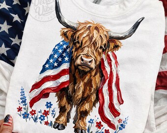 Patriotic Highland Cow PNG, American Flag Cow Clipart for 4th of July Shirts, Cute USA Sublimation Design Digital Download