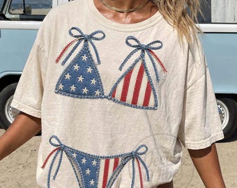 Patchwork Bikini Top PNG, USA Denim Swimsuit Shirt Design, Trendy Summer Sublimation Graphic, Girly Beach Vacation PNG