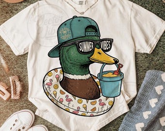 Pato con ambiente veraniego PNG Gráfico divertido de vacaciones en la playa para camisetas infantiles, imágenes prediseñadas de patos de verano para niños, diseño de caza de patos