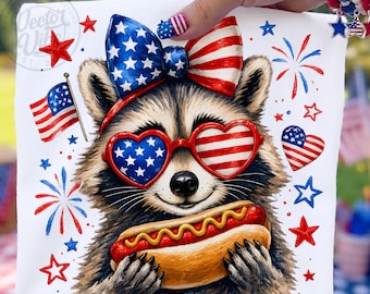 Funny Raccoon 4th Of July PNG, Red White And Feral Raccoon, Patriotic USA Shirt Design, Hotdog Raccoon Clipart, Merica Graphic