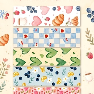 May include: A set of five watercolor bookmarks with various designs. The bookmarks feature patterns of hearts, croissants, berries, and flowers. The text "ENCHANTED BOOKMARK SET" and "Unique Watercolor Designs • 5-Piece" is displayed at the top.