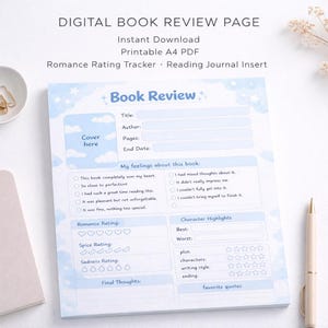 Puede incluir: Una página de revisión de libros digitales con un diseño de nube azul claro. La página incluye secciones para el título, el autor y las calificaciones de romance, picante y tristeza. El texto de la página dice "Digital Book Review Page" y "Descarga instantánea."