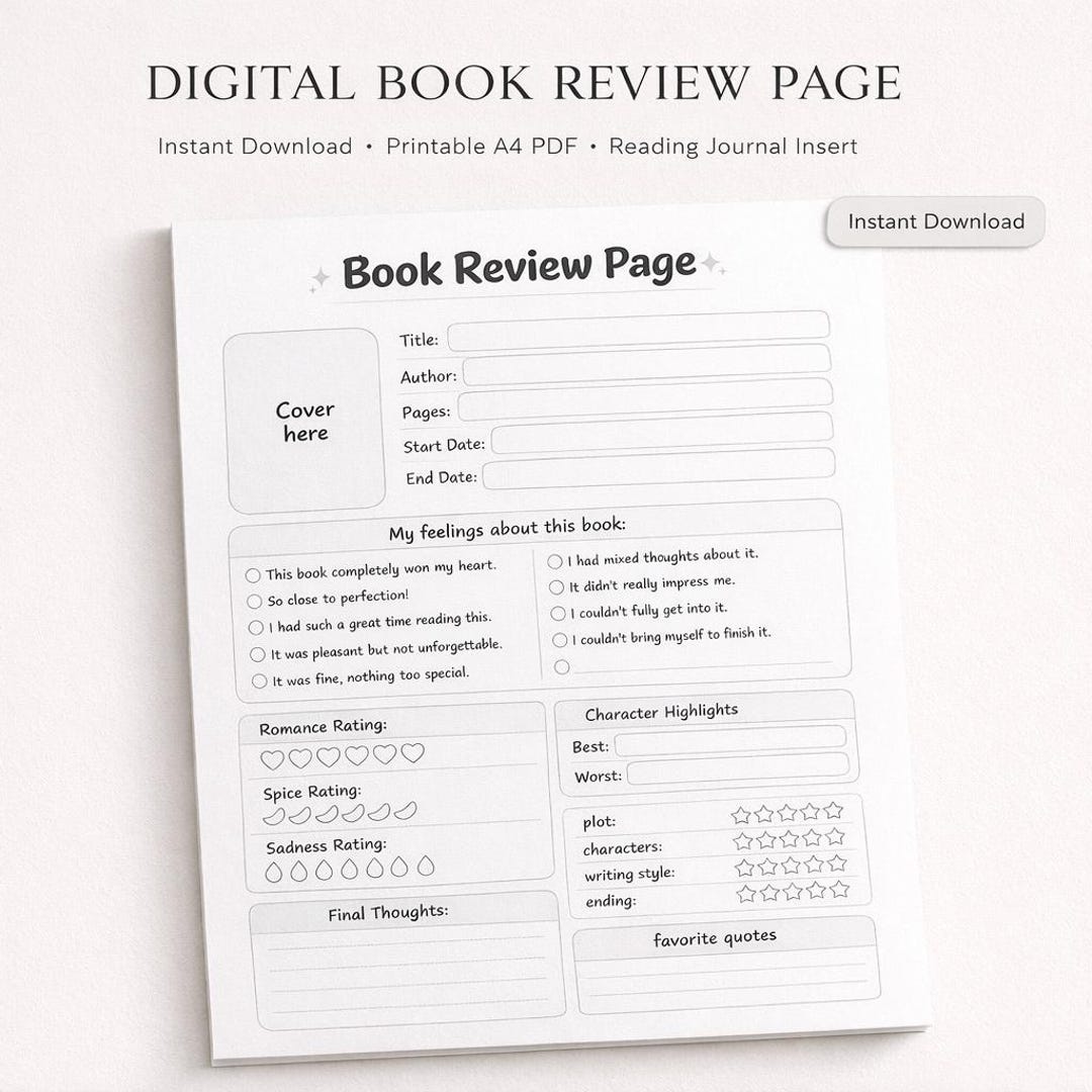 Digital Book Review Page Printable A4 PDF | Reading Journal Template ...