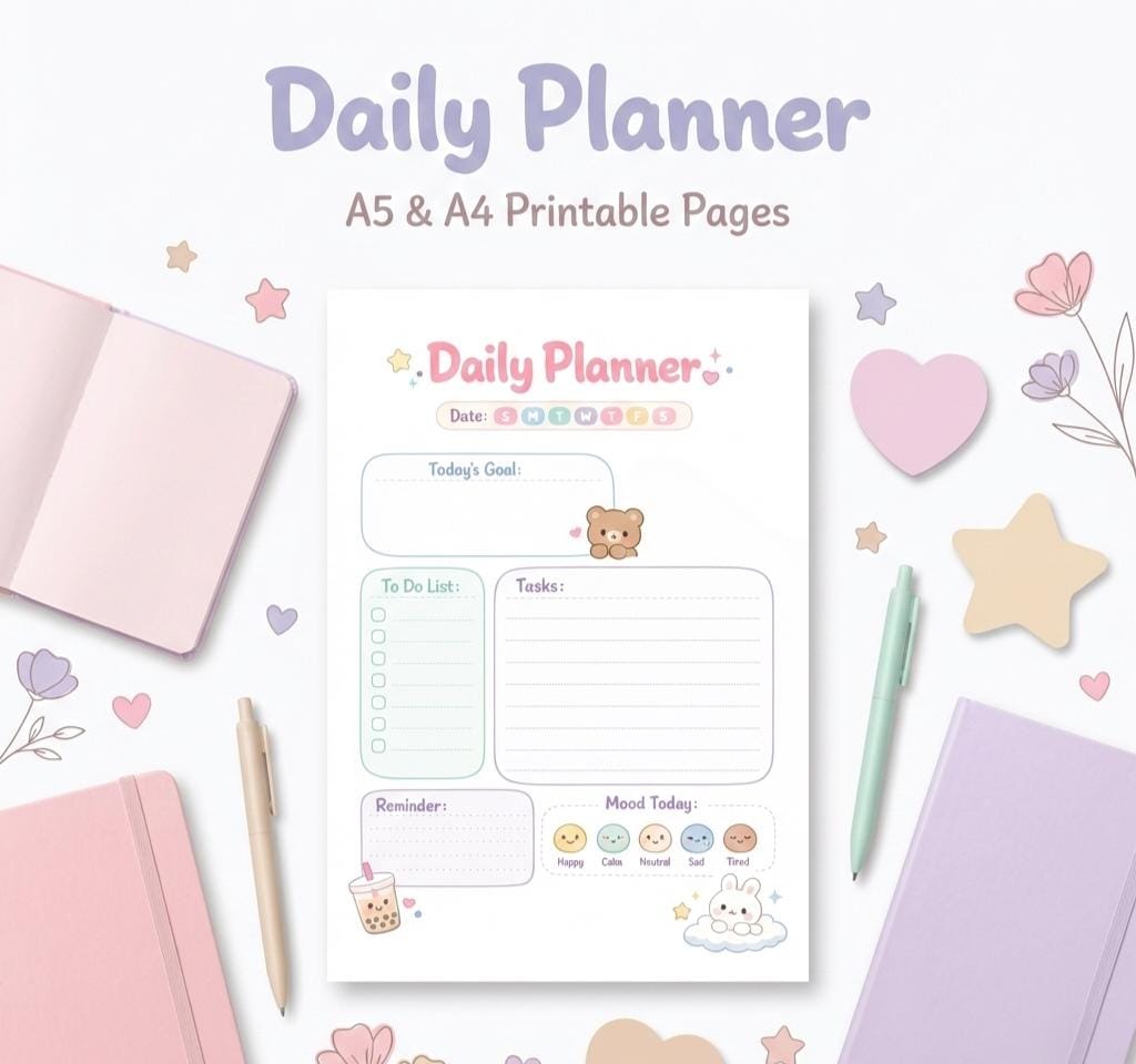 Daily Planner Printable A5 & A4 | Cute Minimal Daily Planner | Reusable ...