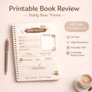 May include: A printable book review notepad with a teddy bear theme. The notepad includes sections for book title, author, genre, and rating. The words "Printable Book Review" and "Instant Download" are visible.