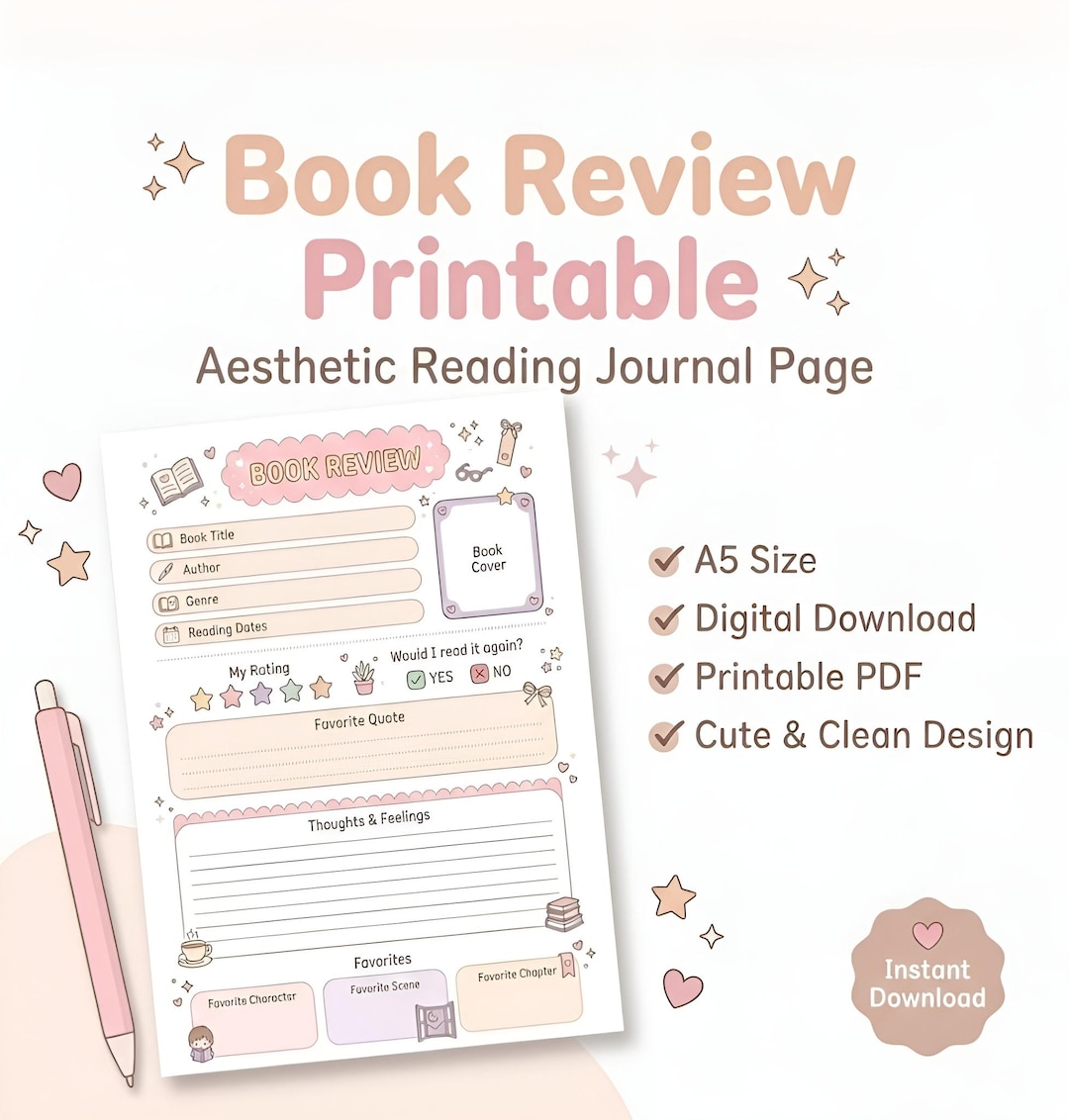 Book Review Printable A5 | Cute Reading Journal Page | Aesthetic Book ...