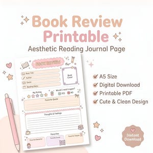 Könnte beinhalten: Ästhetisches, druckbares Buchrezension-Formular in sanften Rosa- und Pfirsichtönen. Enthält Abschnitte für Buchtitel, Autor, Genre und Bewertung. Platz für Lieblingszitate und Gedanken. Digitaler Download mit niedlichem Design.