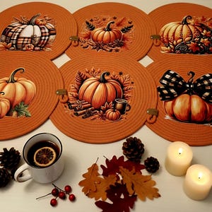 Pumpkin Braided Placemats, Autumn Harvest Farmhouse Table Decor, Set of 6
