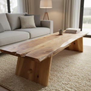 Può includere: Un tavolino da caffè in legno naturale con bordo vivo. Il tavolo rettangolare ha una finitura marrone chiaro e poggia su due supporti in legno angolati. Il tavolo è posto su un tappeto beige, lungo circa 150 cm.